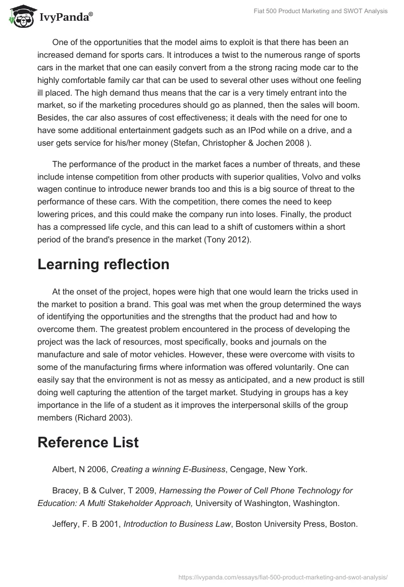 Fiat 500 Product Marketing and SWOT Analysis. Page 3