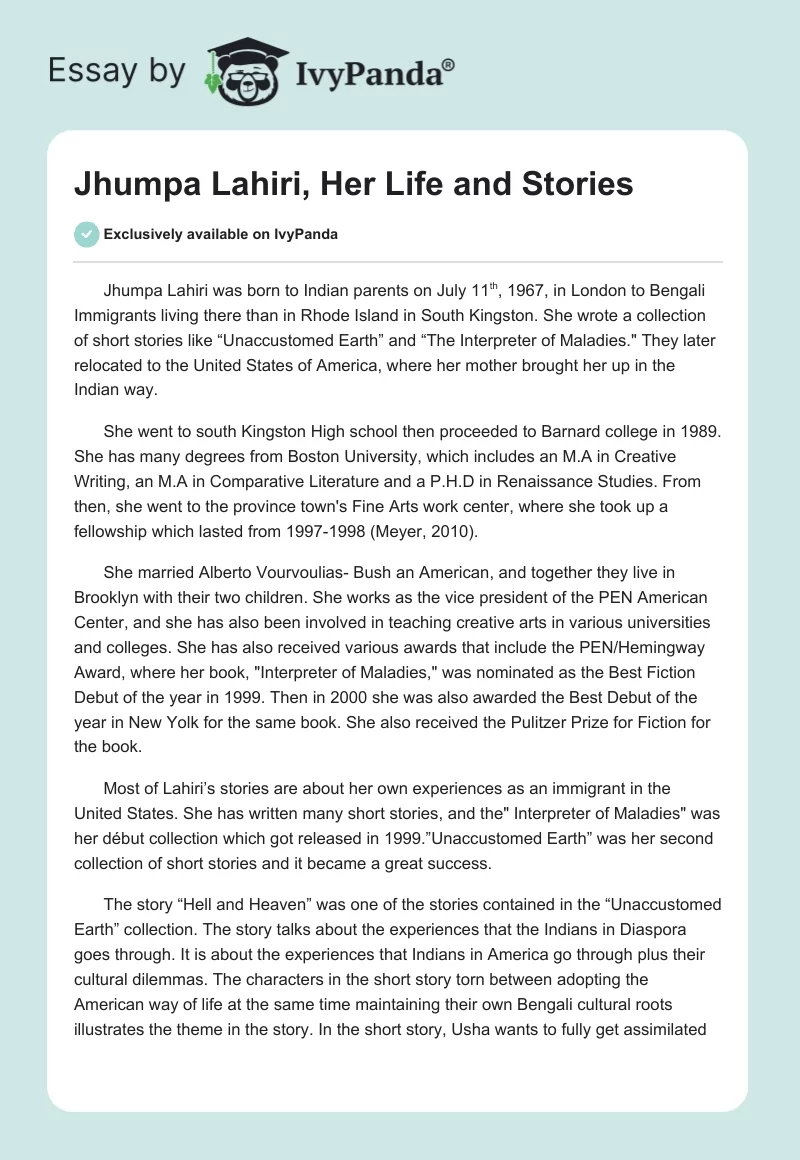 Jhumpa Lahiri, Her Life and Stories. Page 1