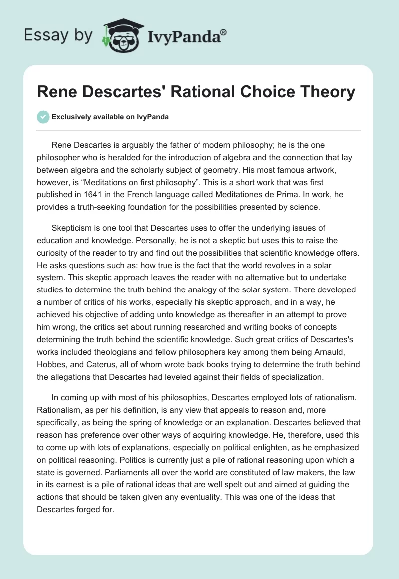 Rene Descartes' Rational Choice Theory. Page 1