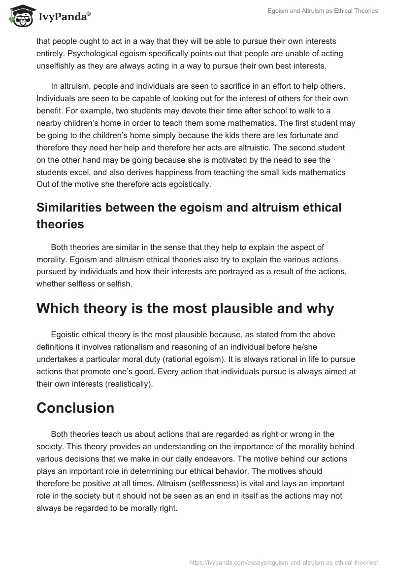 Egoism And Altruism As Ethical Theories 1089 Words Essay Example