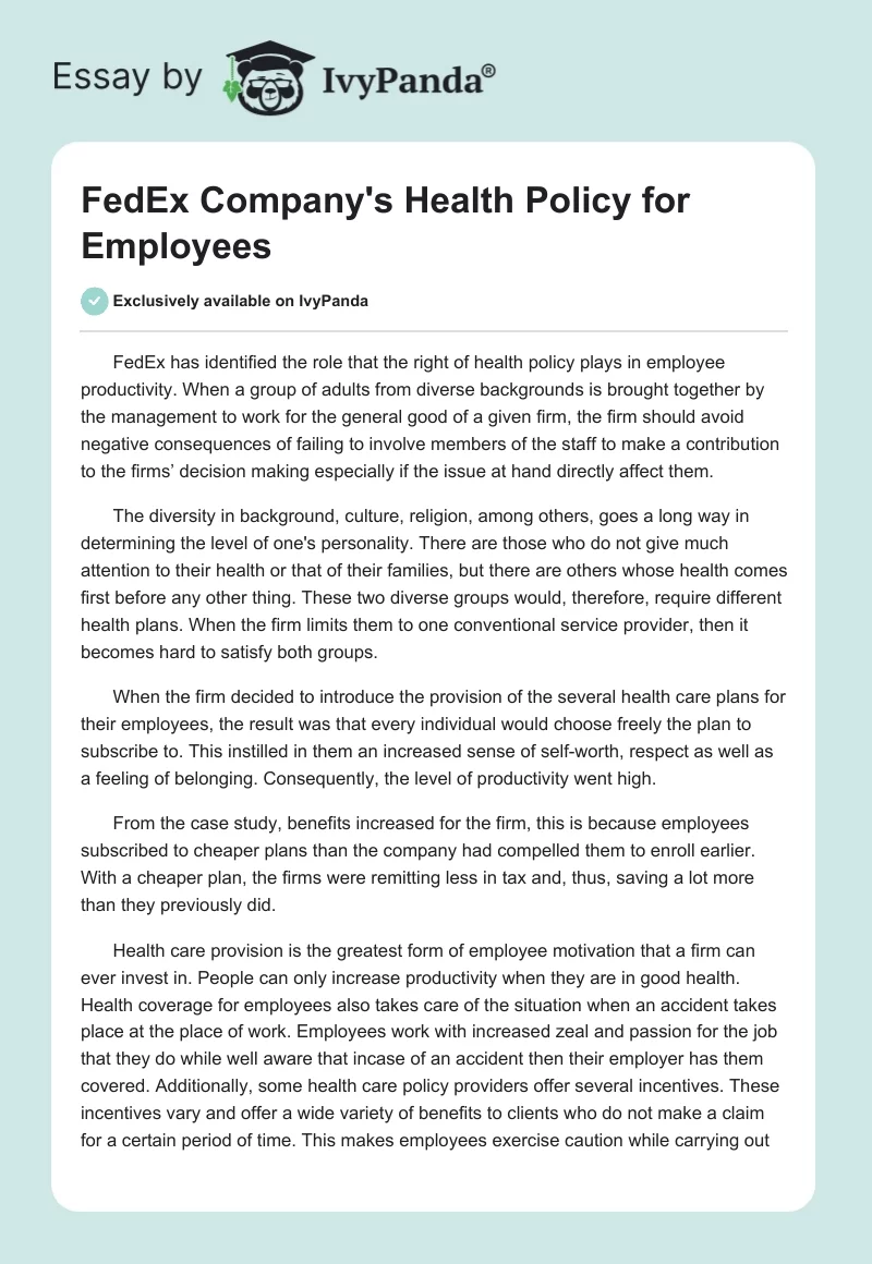 FedEx Company's Health Policy for Employees. Page 1