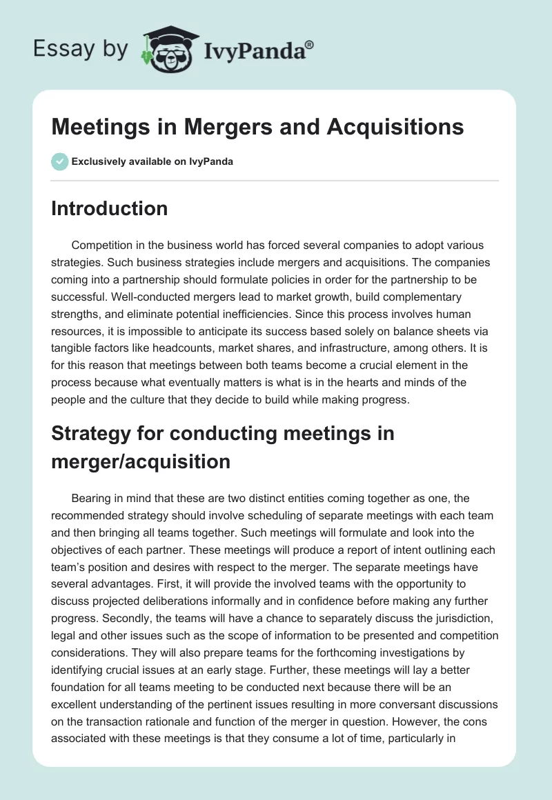 Meetings in Mergers and Acquisitions. Page 1