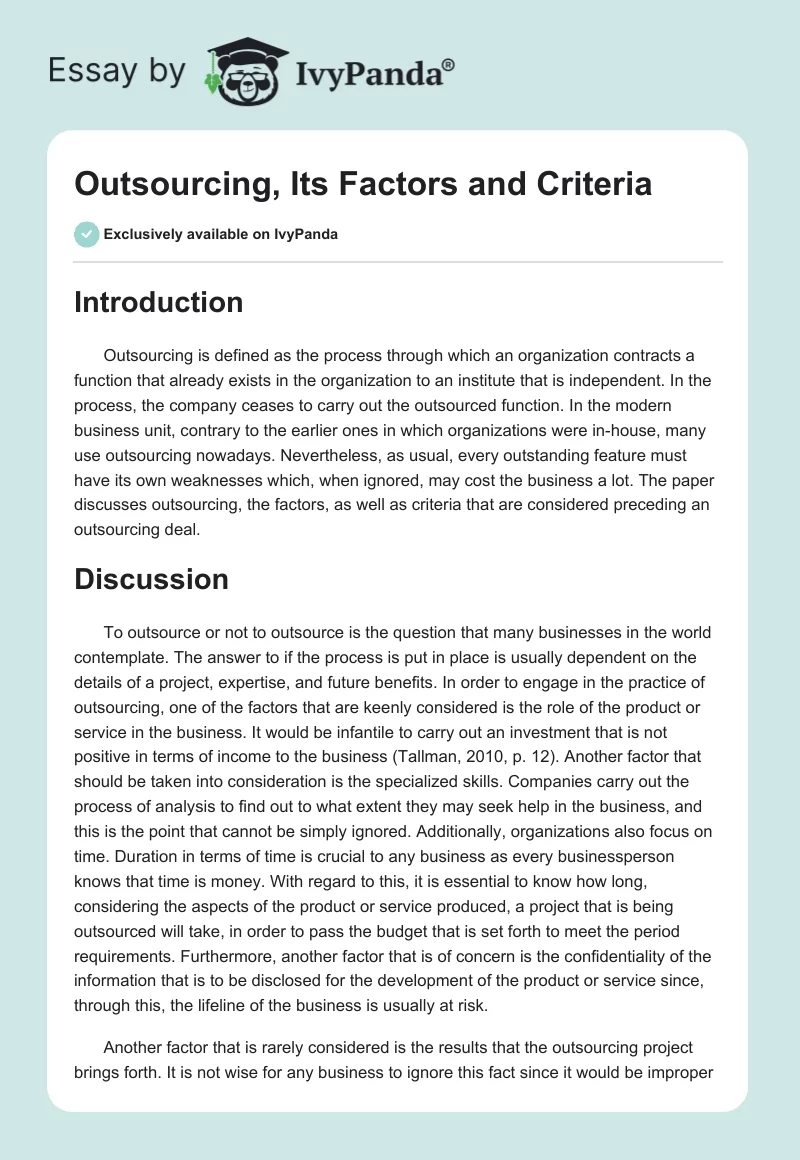 Outsourcing, Its Factors and Criteria. Page 1