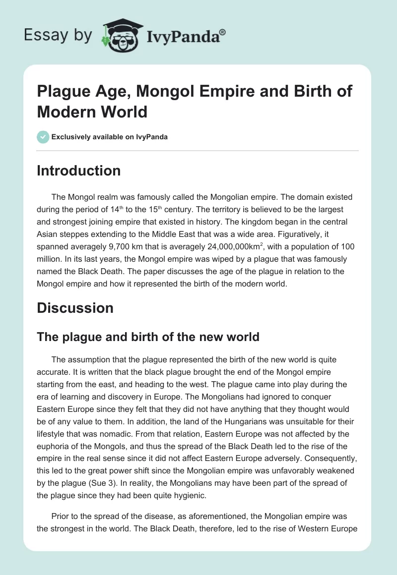 Plague Age, Mongol Empire and Birth of Modern World. Page 1