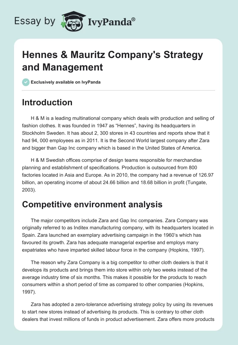 Hennes & Mauritz Company's Strategy and Management. Page 1