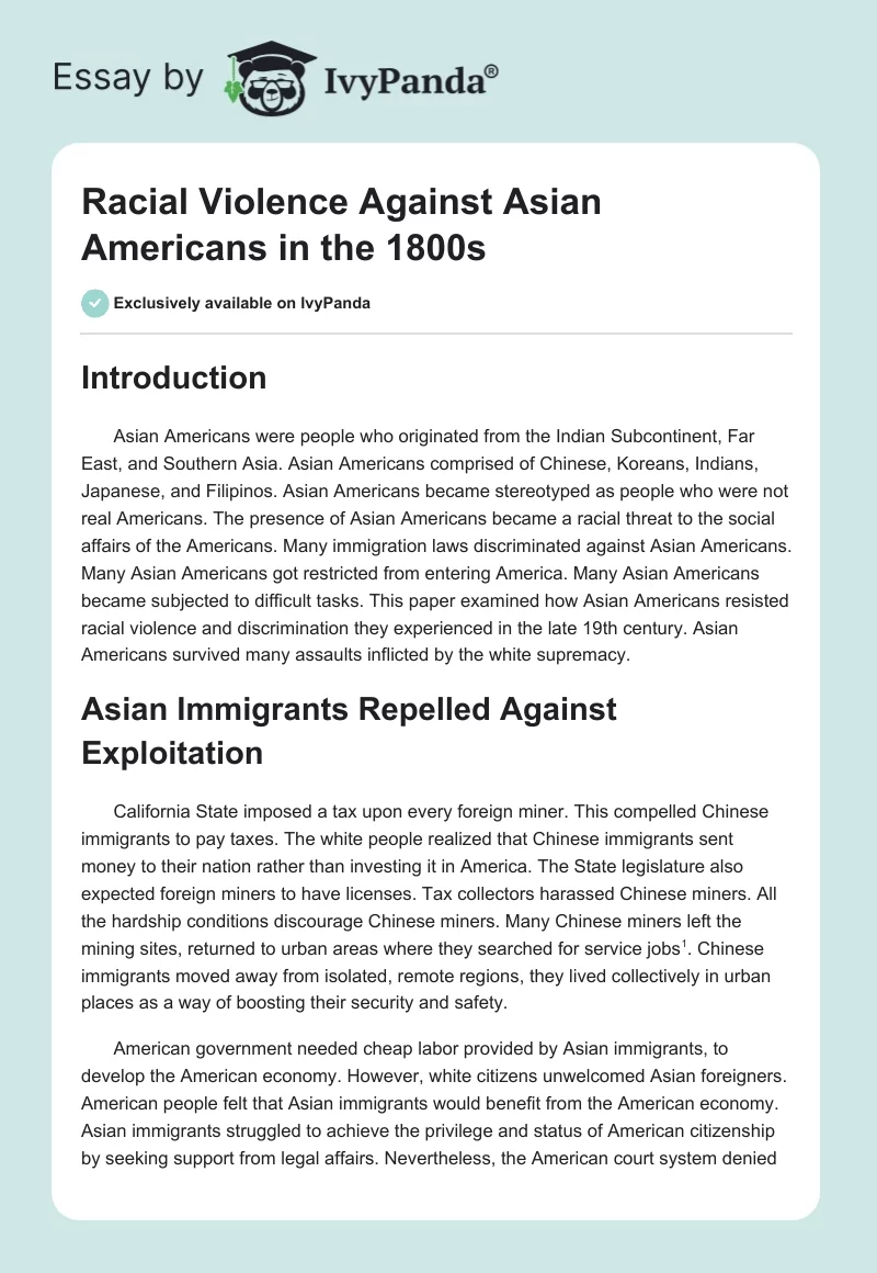 Racial Violence Against Asian Americans in the 1800s. Page 1