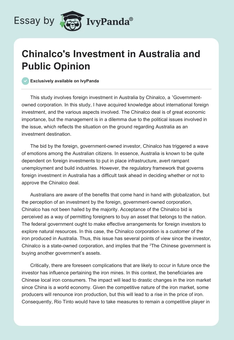 Chinalco's Investment in Australia and Public Opinion. Page 1