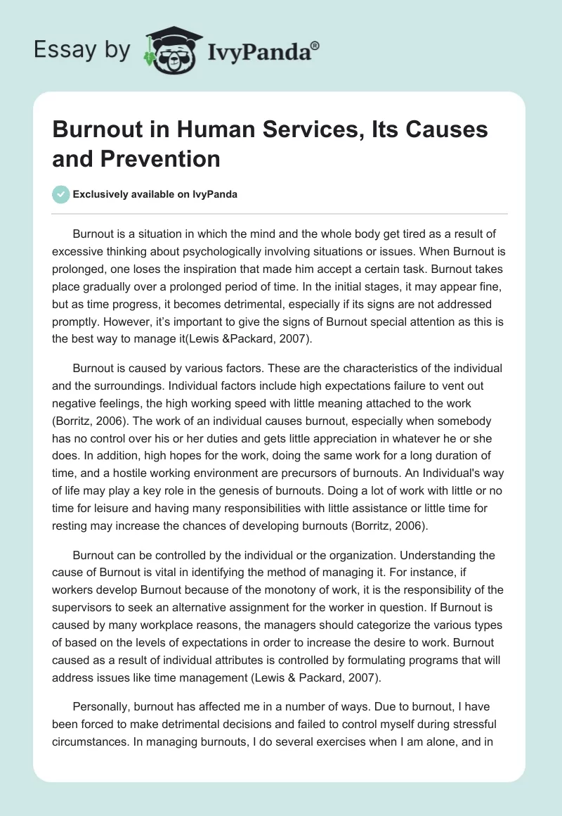 Burnout in Human Services, Its Causes and Prevention. Page 1