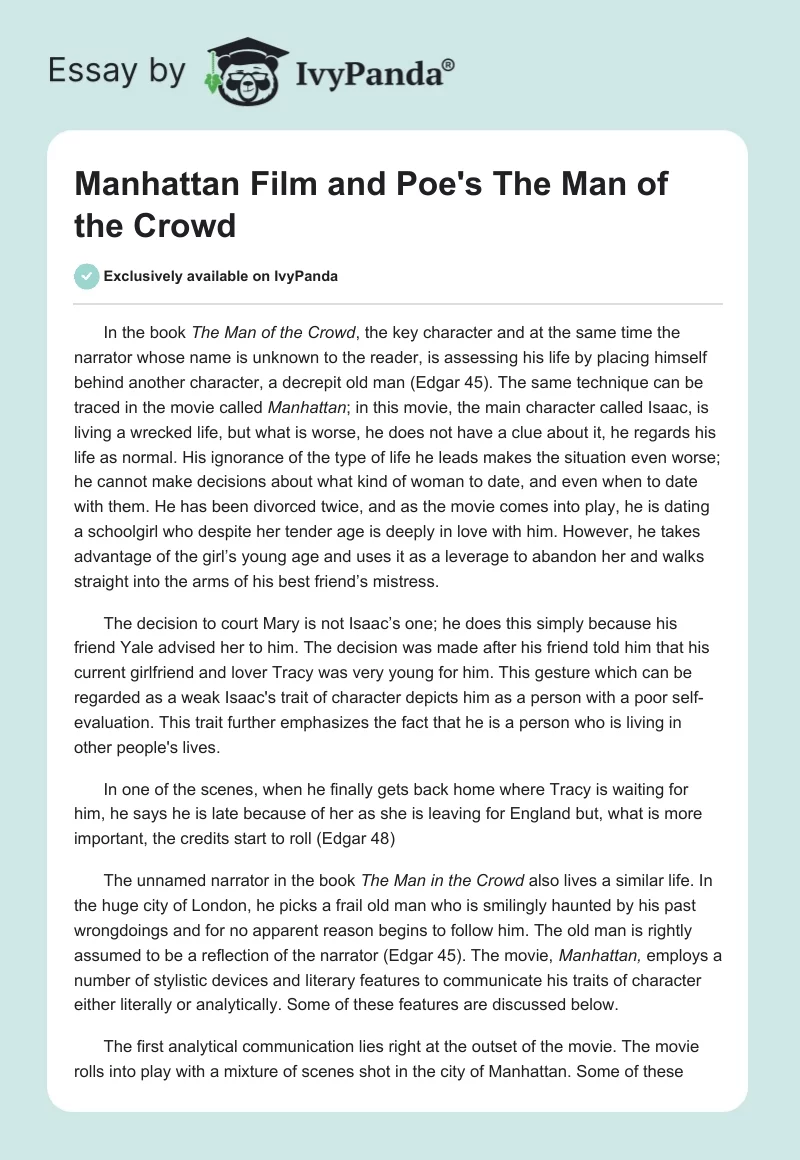 "Manhattan" Film and Poe's "The Man of the Crowd". Page 1