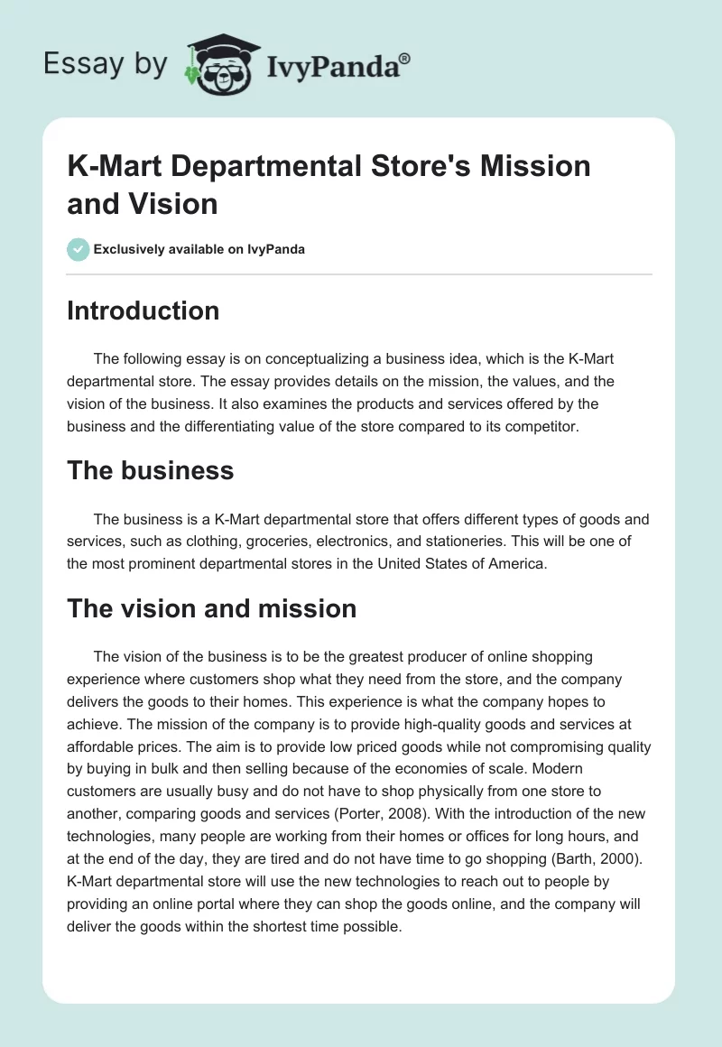 K-Mart Departmental Store's Mission and Vision. Page 1