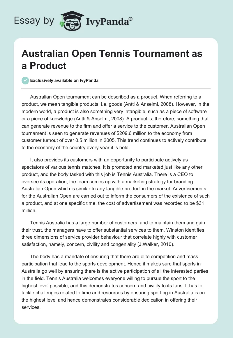 Australian Open Tennis Tournament as a Product. Page 1