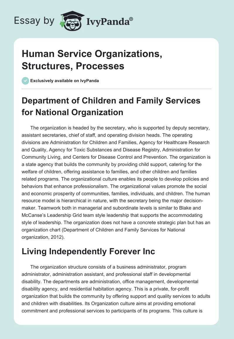 Human Service Organizations, Structures, Processes. Page 1