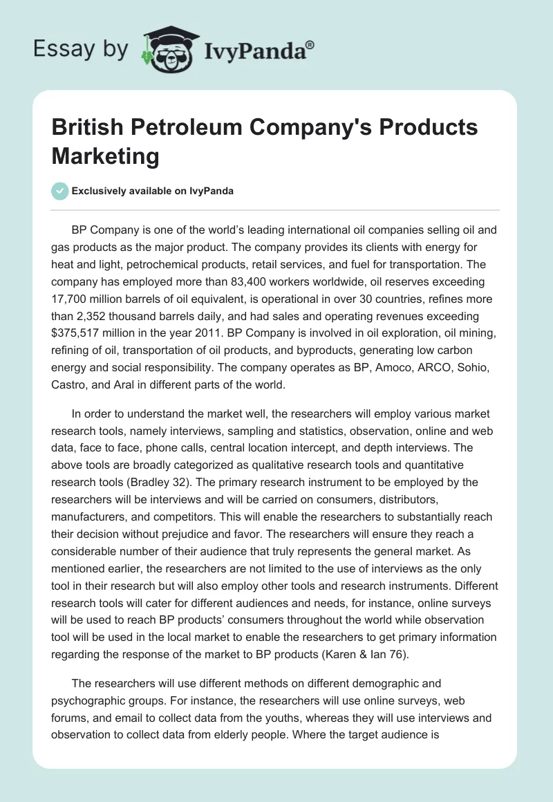 British Petroleum Company's Products Marketing. Page 1