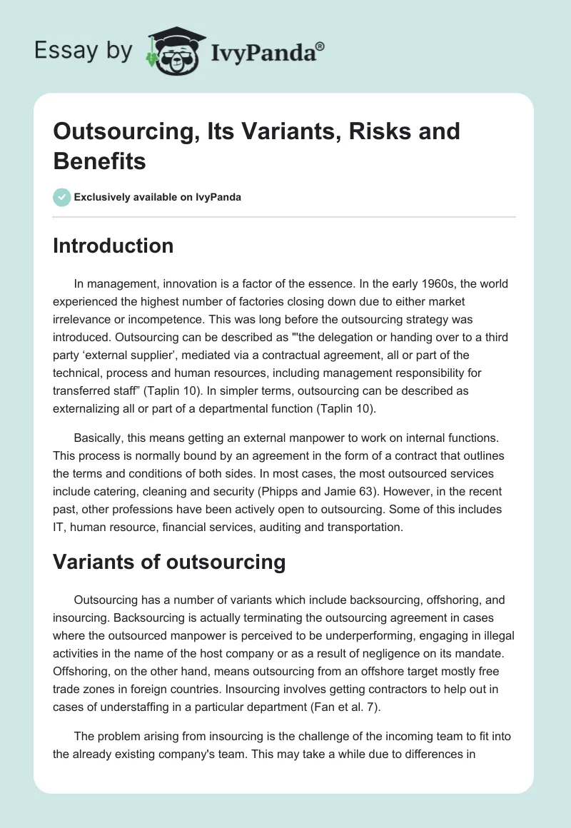 Outsourcing, Its Variants, Risks and Benefits. Page 1