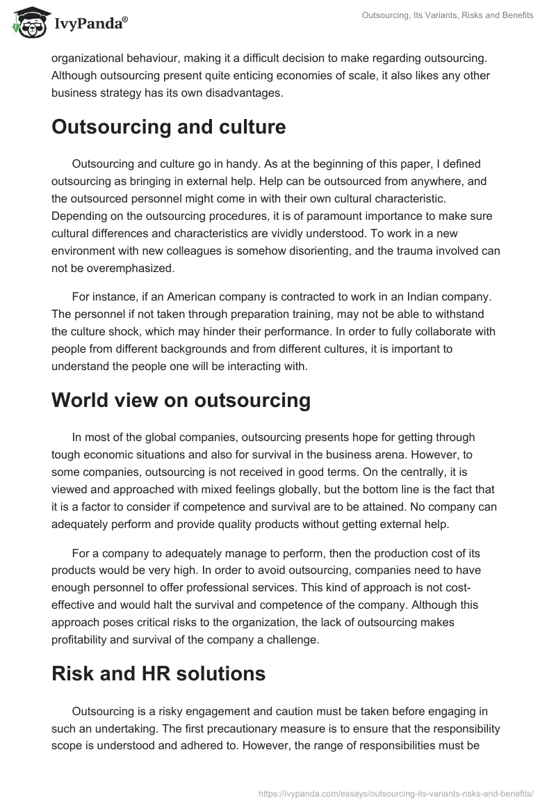 Outsourcing, Its Variants, Risks and Benefits. Page 2