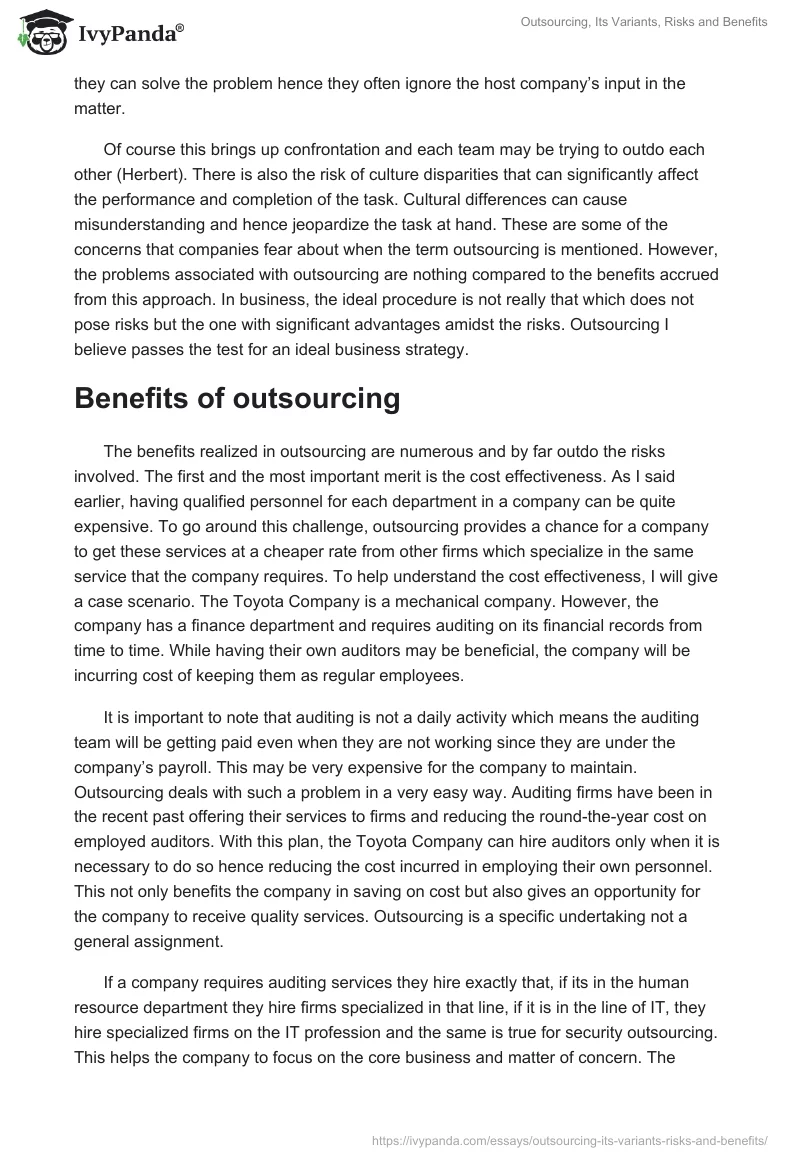 Outsourcing, Its Variants, Risks and Benefits. Page 4