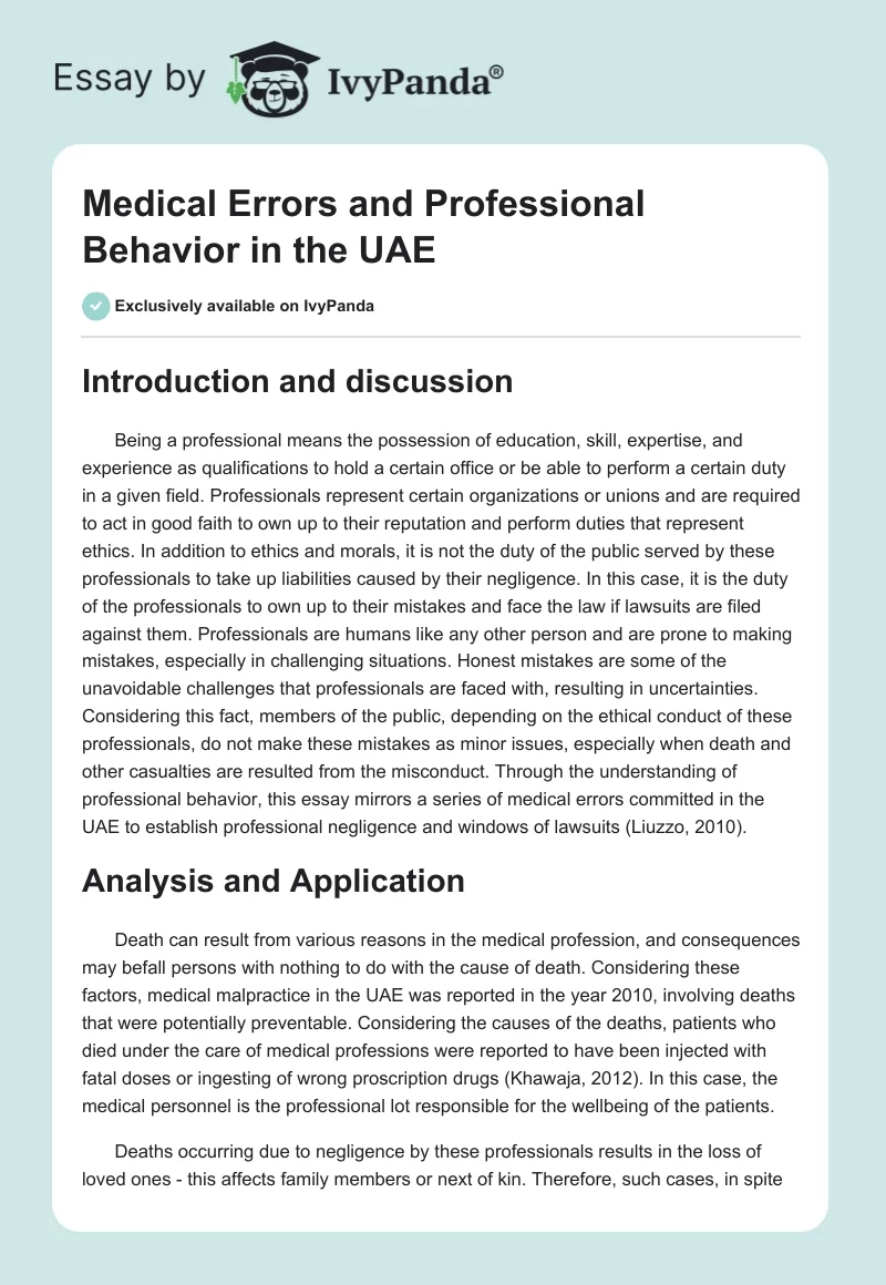 Medical Errors and Professional Behavior in the UAE. Page 1