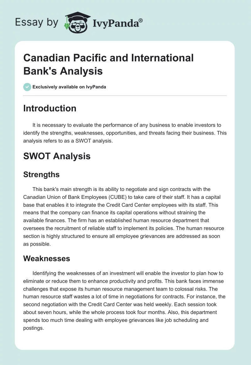 Canadian Pacific and International Bank's Analysis. Page 1