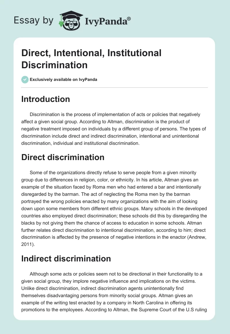 Direct, Intentional, Institutional Discrimination. Page 1