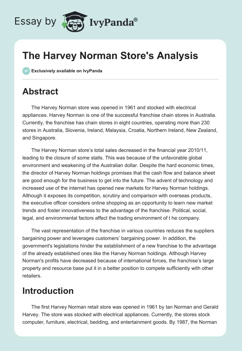 The Harvey Norman Store's Analysis. Page 1