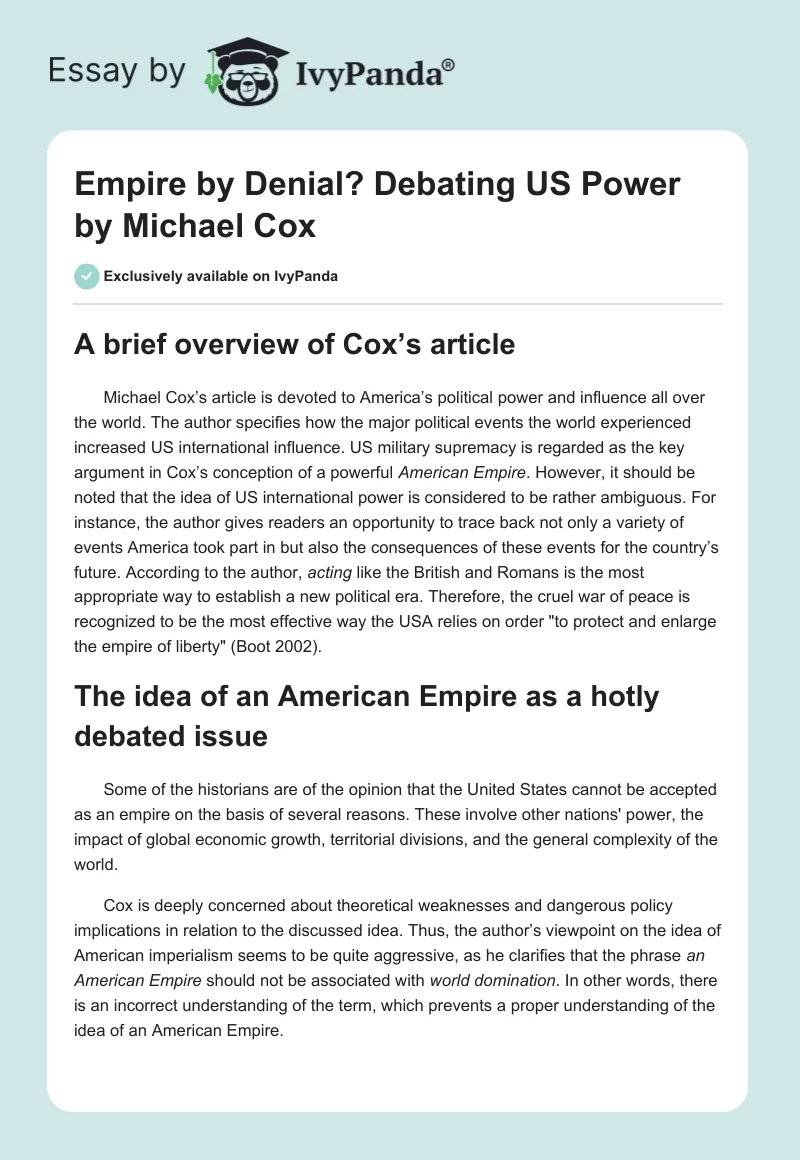 "Empire by Denial? Debating US Power" by Michael Cox. Page 1