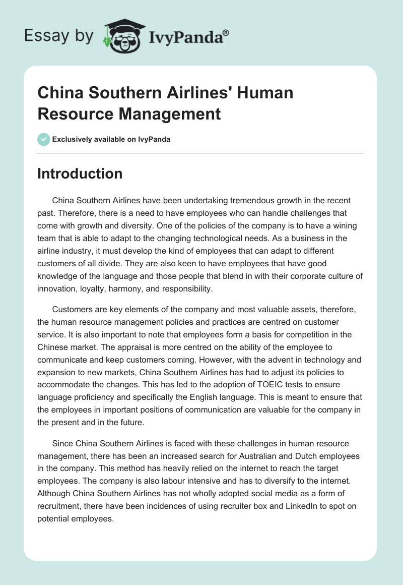 China Southern Airlines' Human Resource Management. Page 1