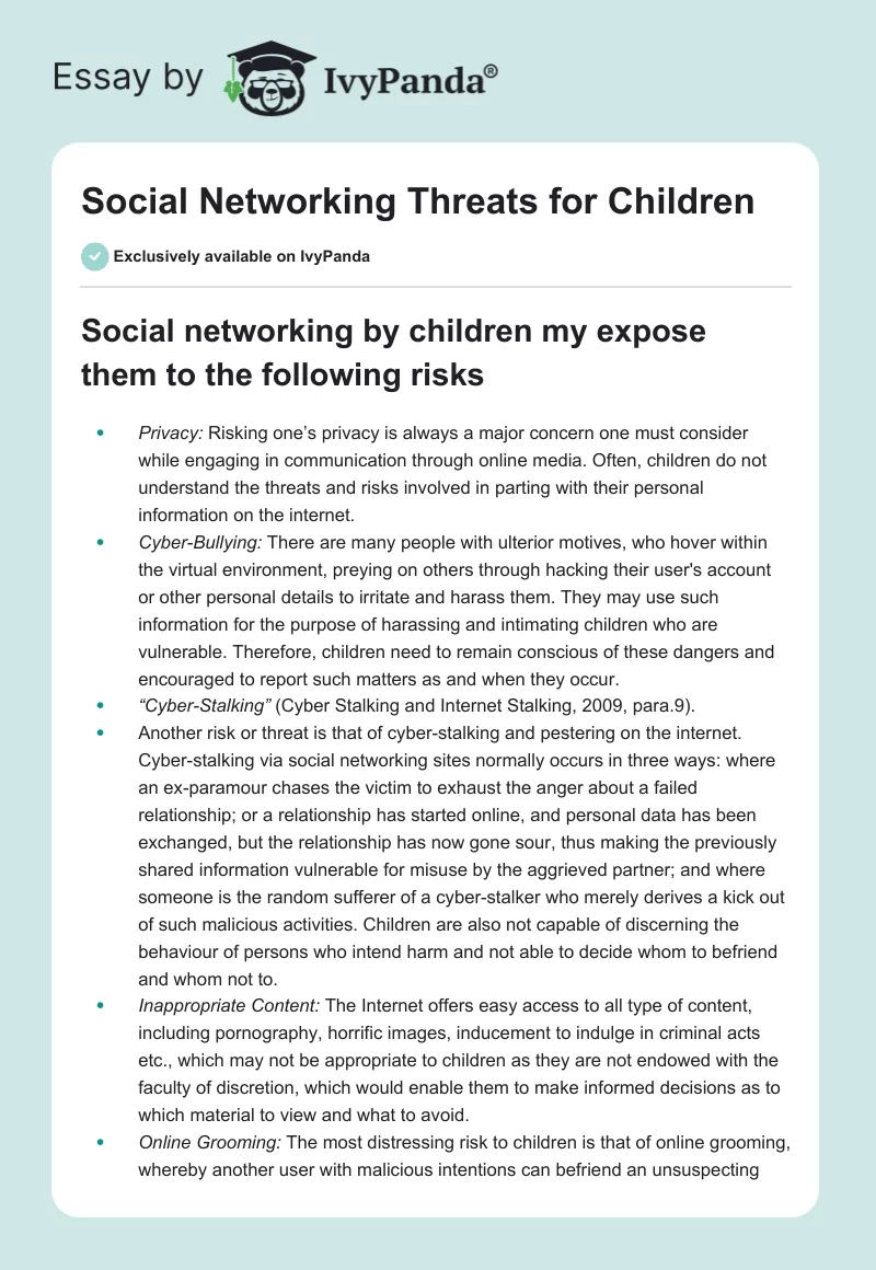 Social Networking Threats for Children. Page 1