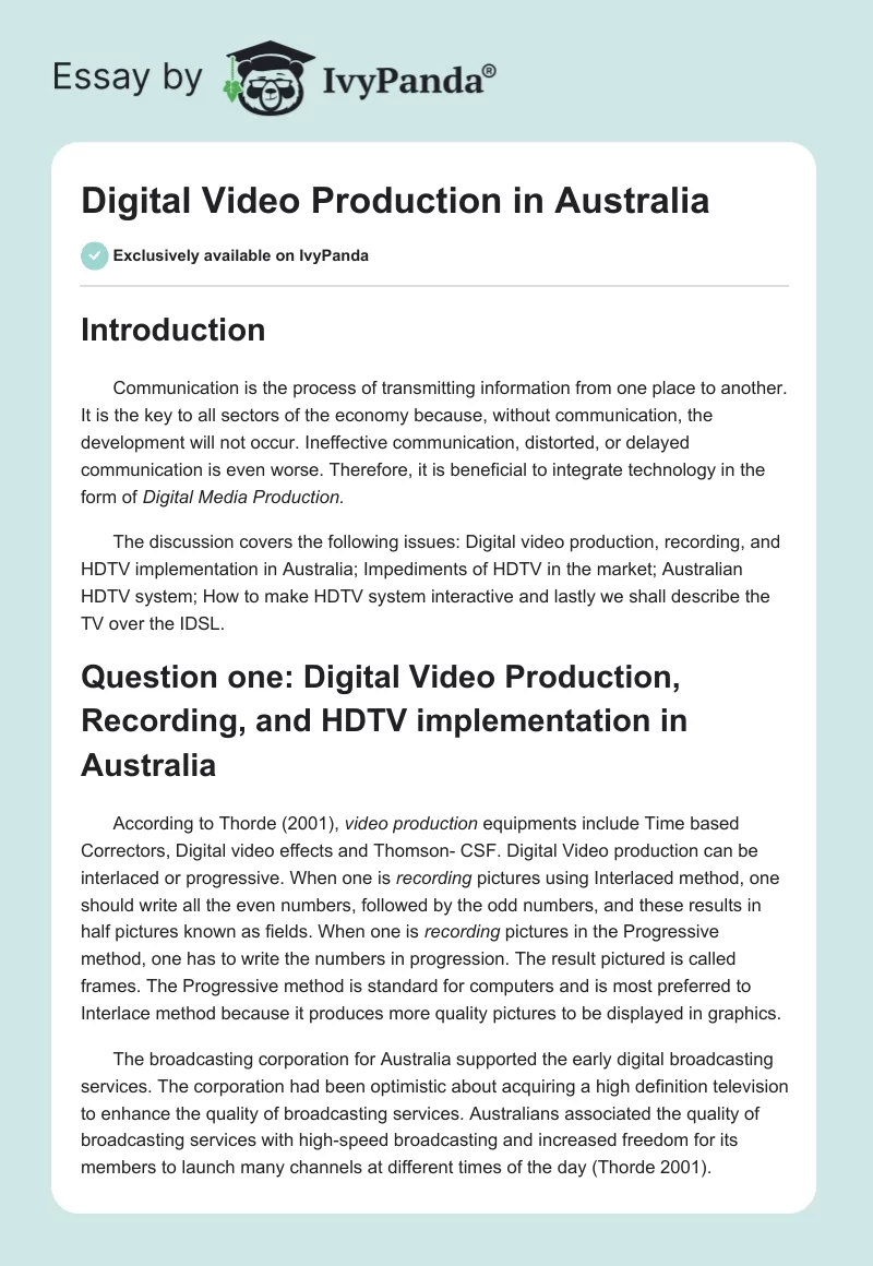 Digital Video Production in Australia. Page 1