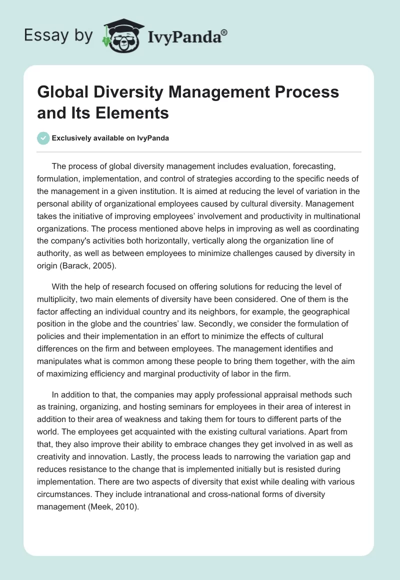 Global Diversity Management Process and Its Elements. Page 1
