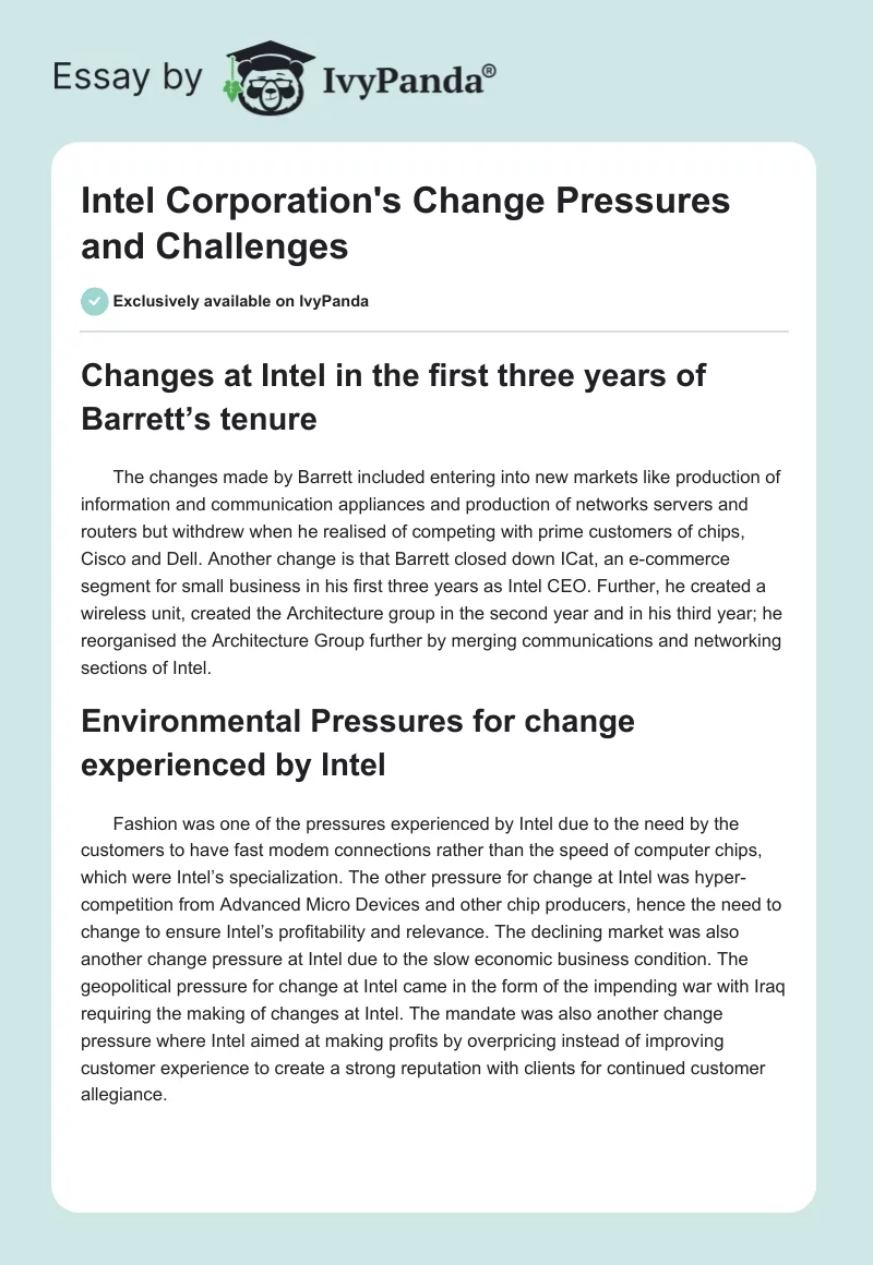 Intel Corporation's Change Pressures and Challenges. Page 1
