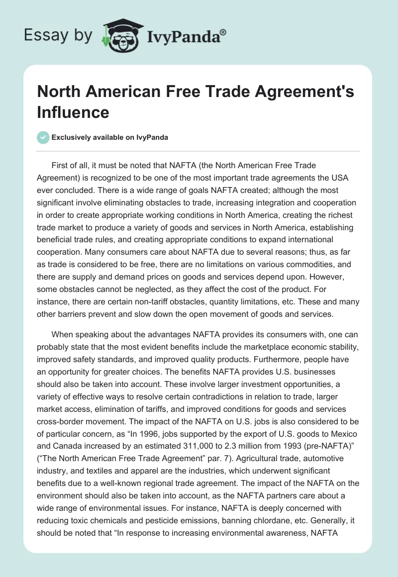 North American Free Trade Agreement's Influence. Page 1