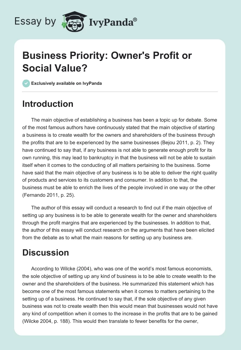 Business Priority: Owner's Profit or Social Value?. Page 1