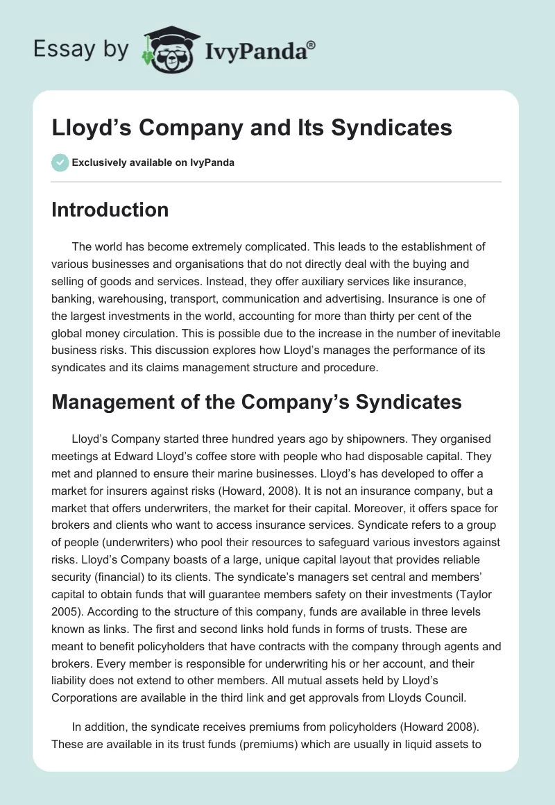 Lloyd’s Company and Its Syndicates. Page 1