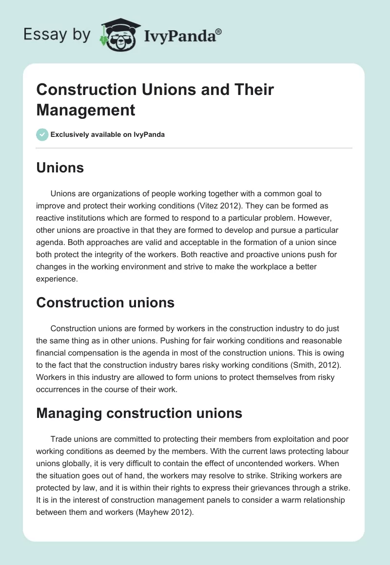 Construction Unions and Their Management. Page 1