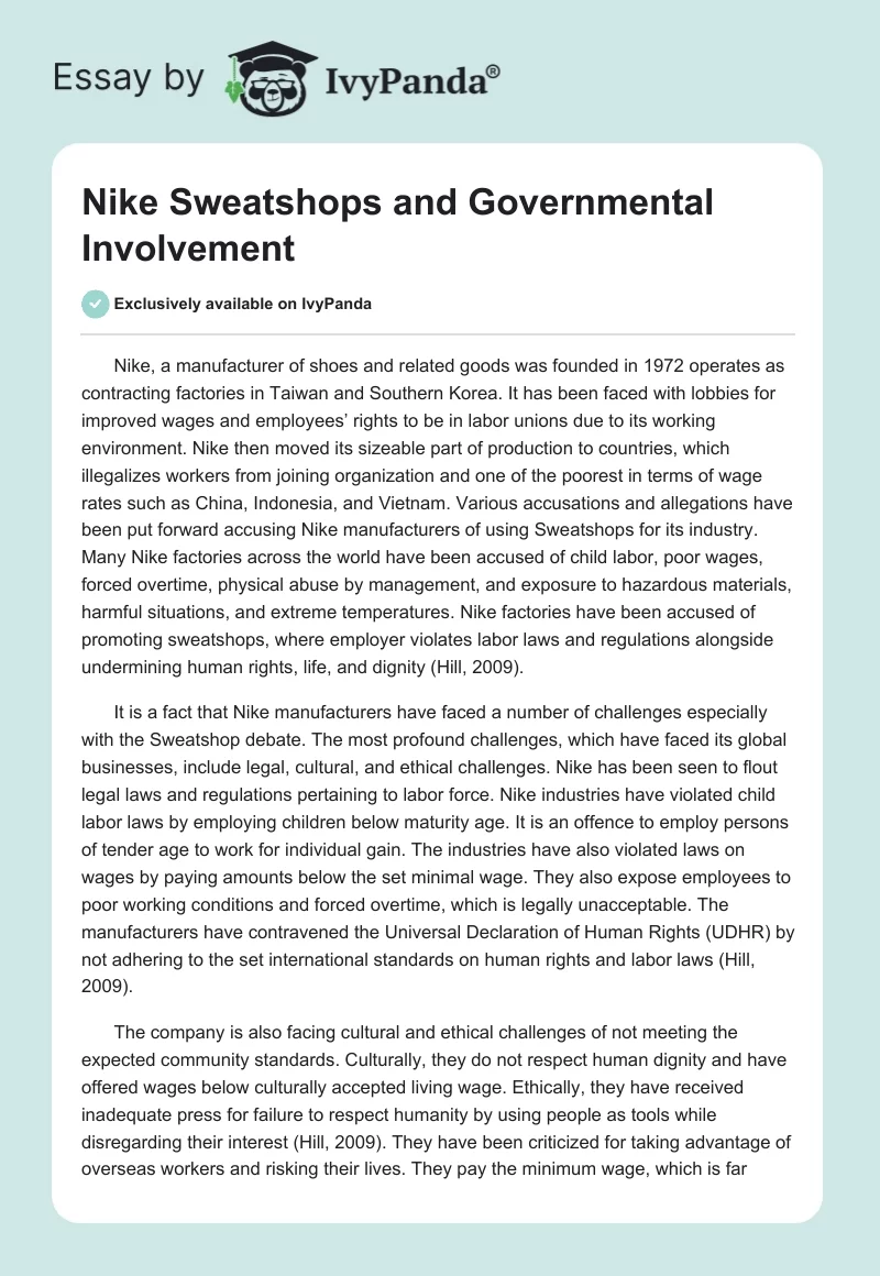Nike Sweatshops and Governmental Involvement. Page 1