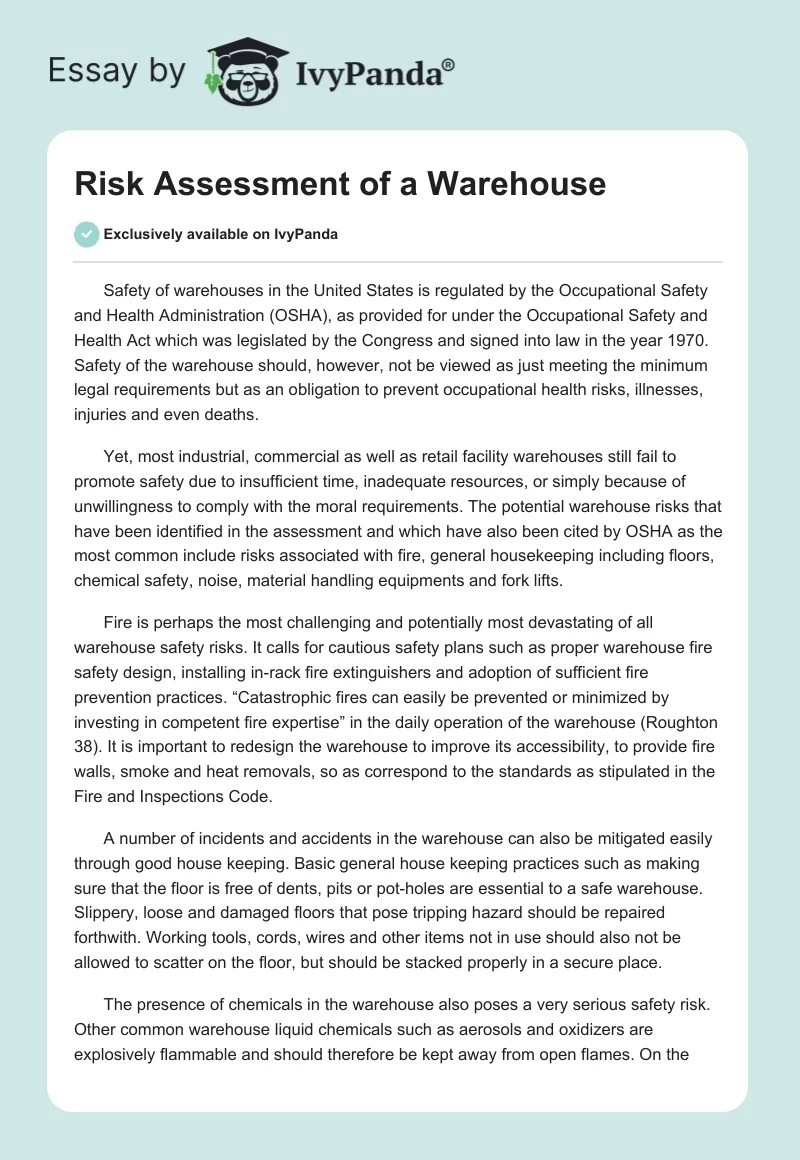 Risk Assessment Of A Warehouse Words Report Example