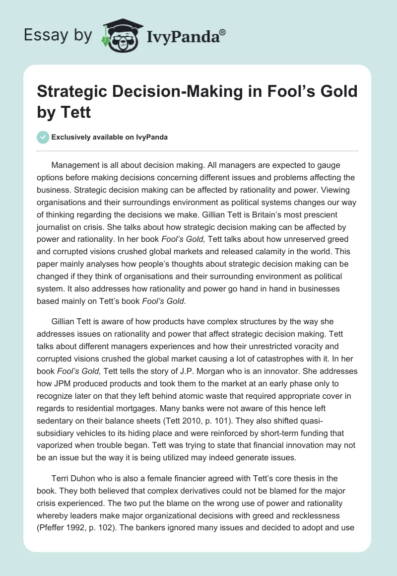 Strategic Decision-Making in "Fool’s Gold" by Tett. Page 1