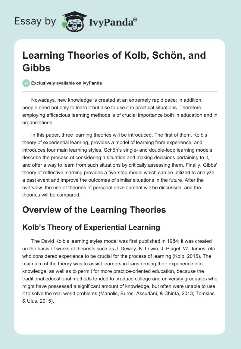 Learning Theories of Kolb, Schön, and Gibbs. Page 1