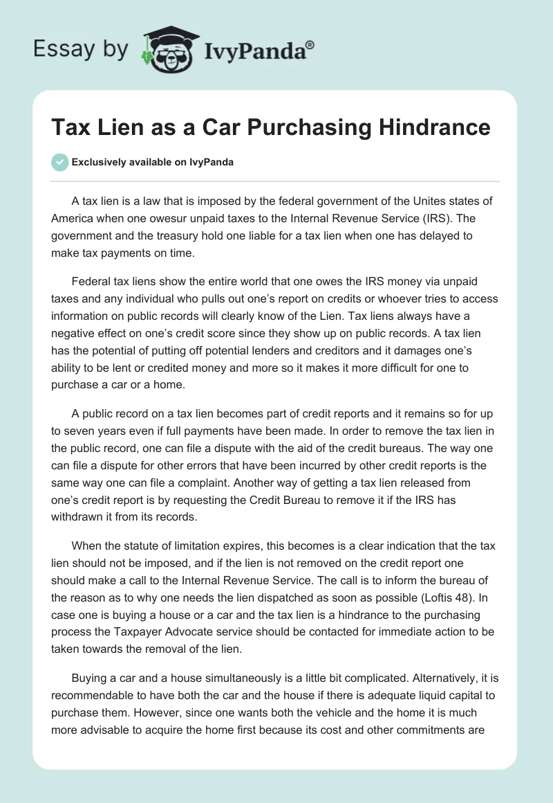 Tax Lien as a Car Purchasing Hindrance. Page 1