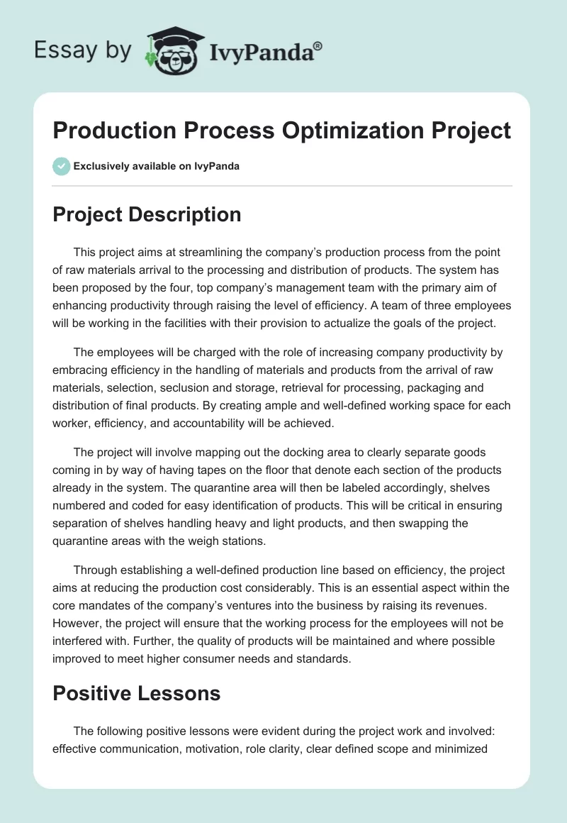Production Process Optimization Project. Page 1