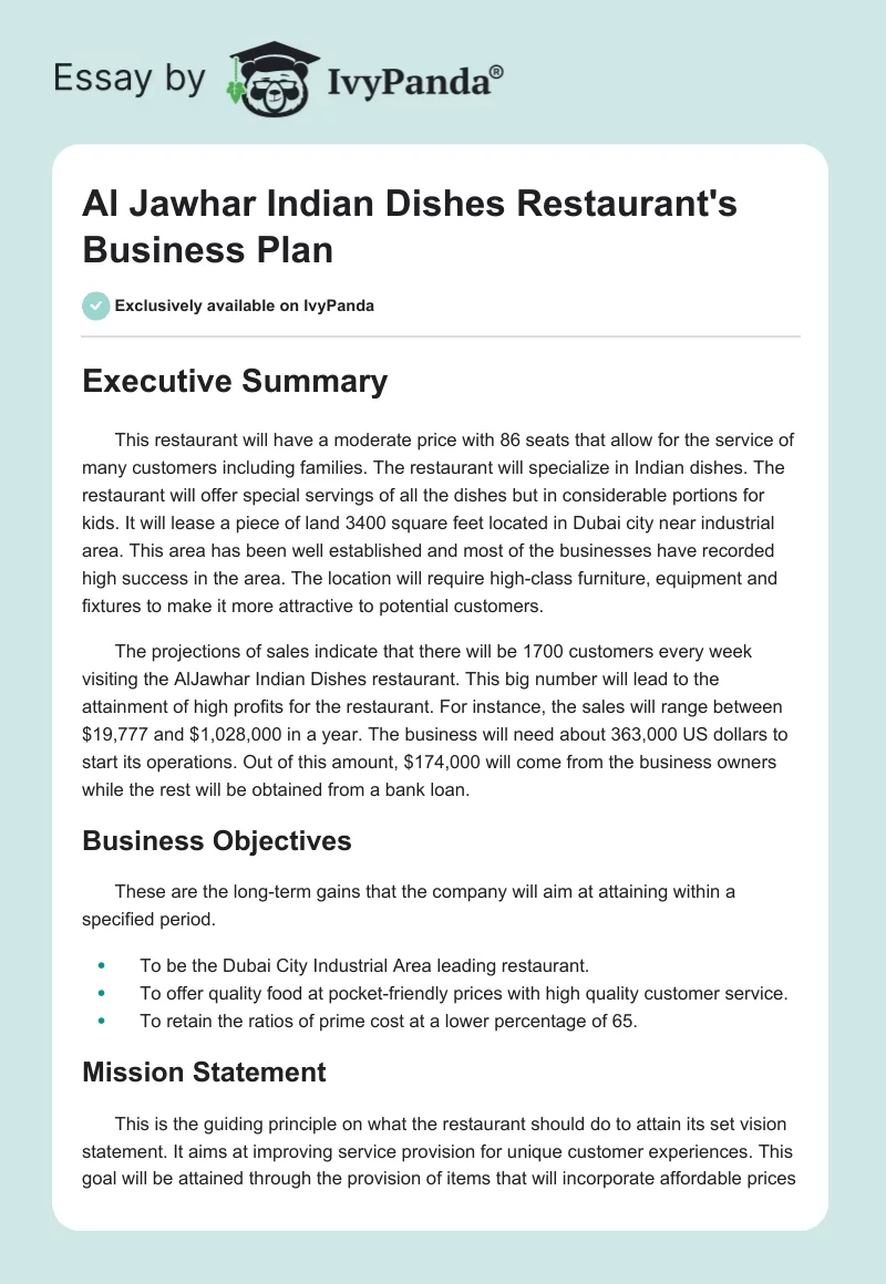 Al Jawhar Indian Dishes Restaurant's Business Plan. Page 1