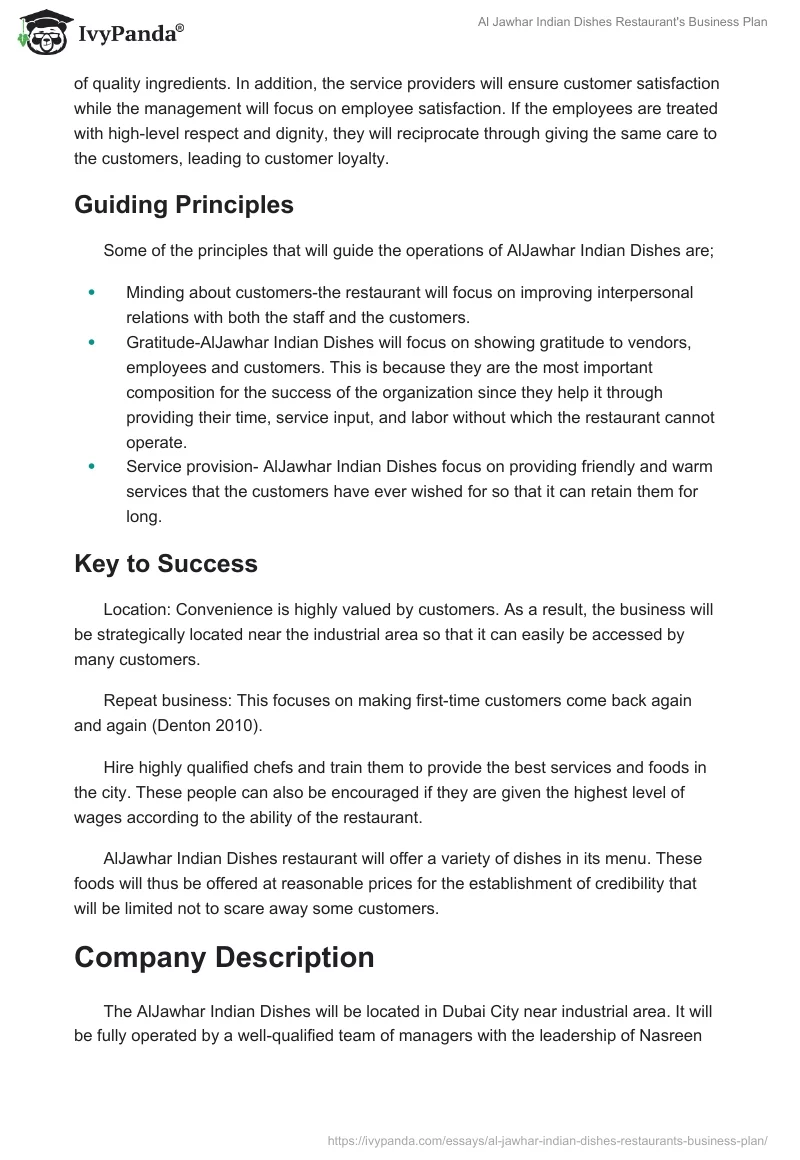 Al Jawhar Indian Dishes Restaurant's Business Plan. Page 2
