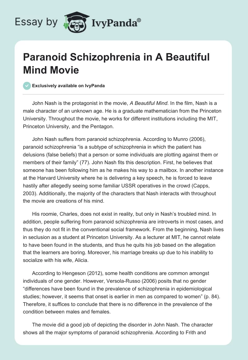 Paranoid Schizophrenia in "A Beautiful Mind" Movie. Page 1