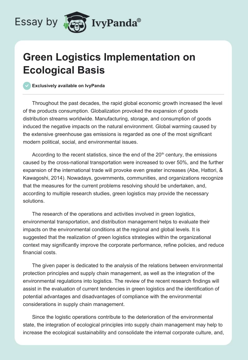 Green Logistics Implementation on Ecological Basis. Page 1