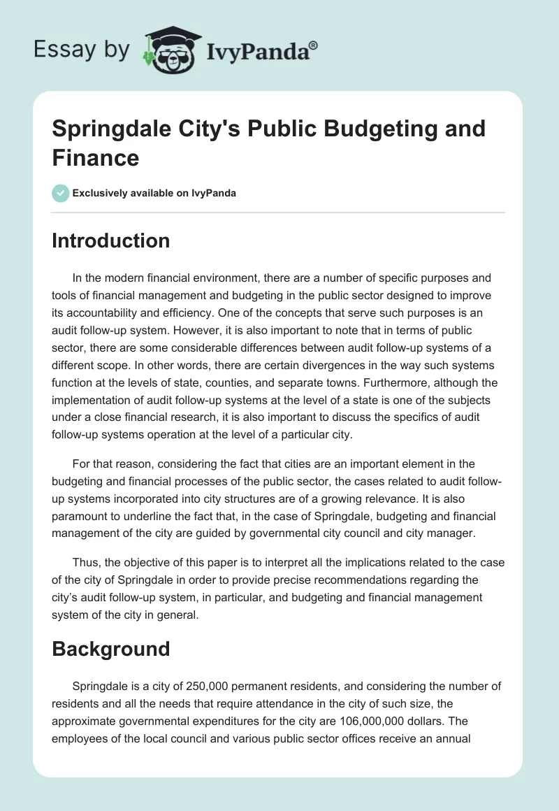 Springdale City's Public Budgeting and Finance. Page 1