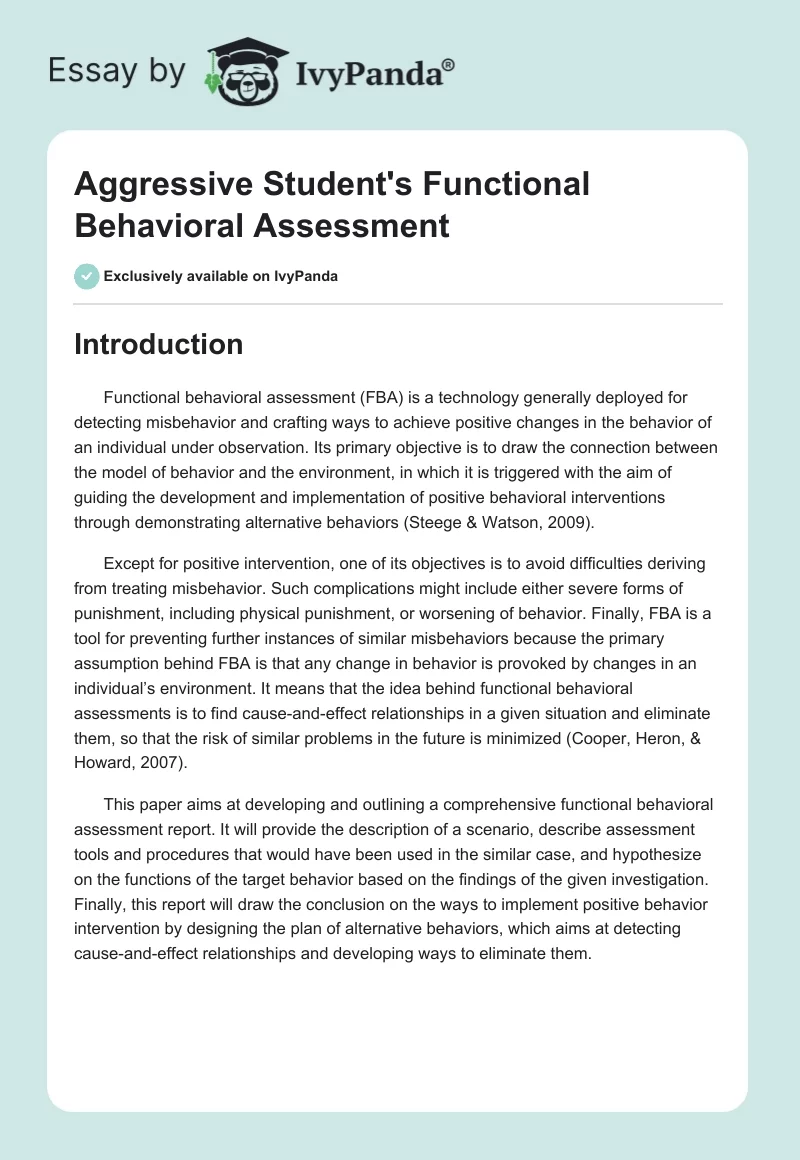 Aggressive Student's Functional Behavioral Assessment. Page 1