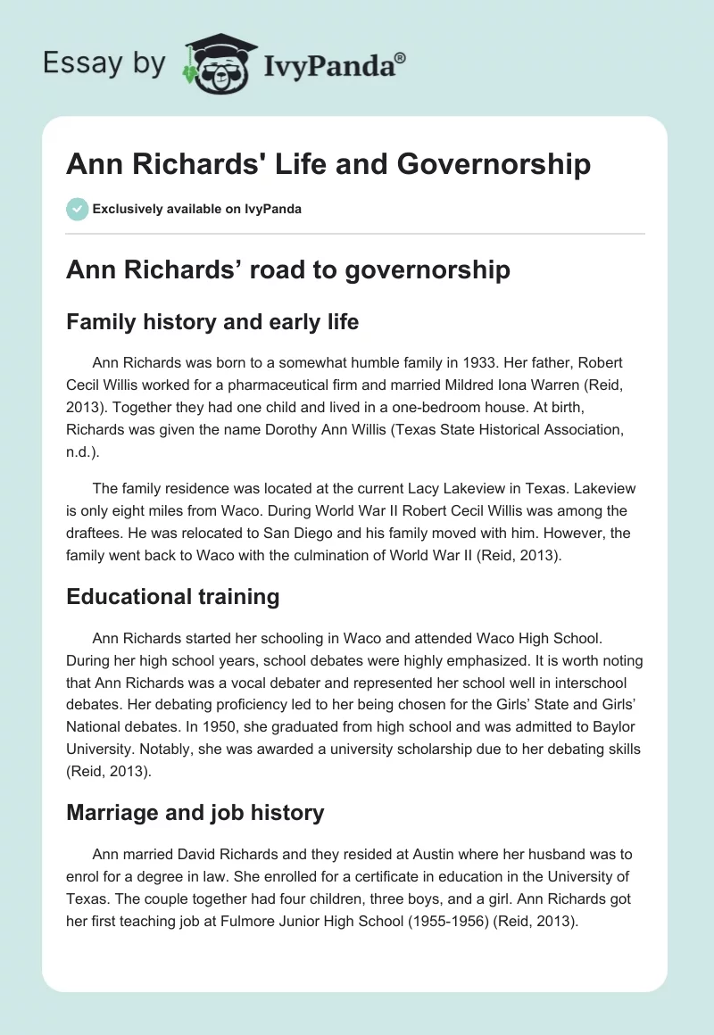 Ann Richards' Life and Governorship. Page 1