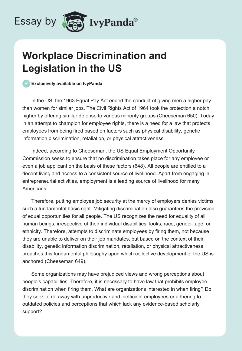 Workplace Discrimination and Legislation in the US. Page 1