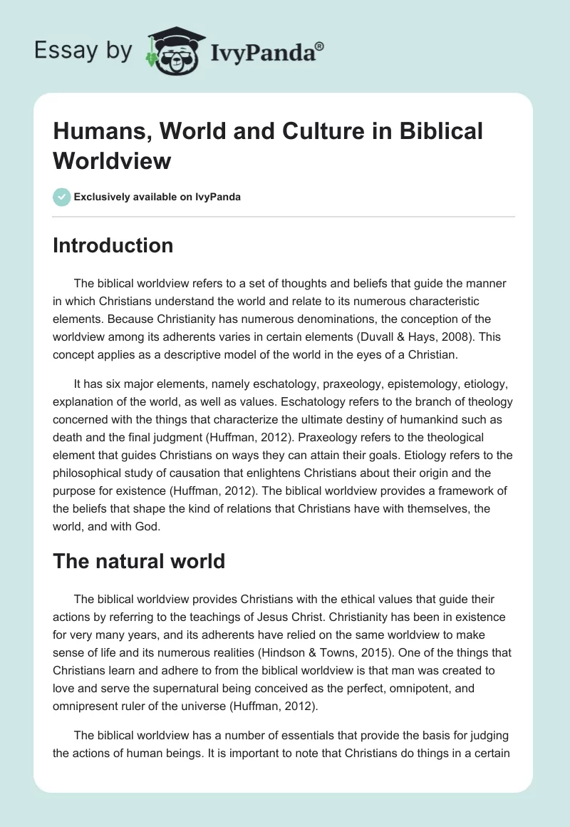 Humans, World and Culture in Biblical Worldview - 1262 Words | Essay ...