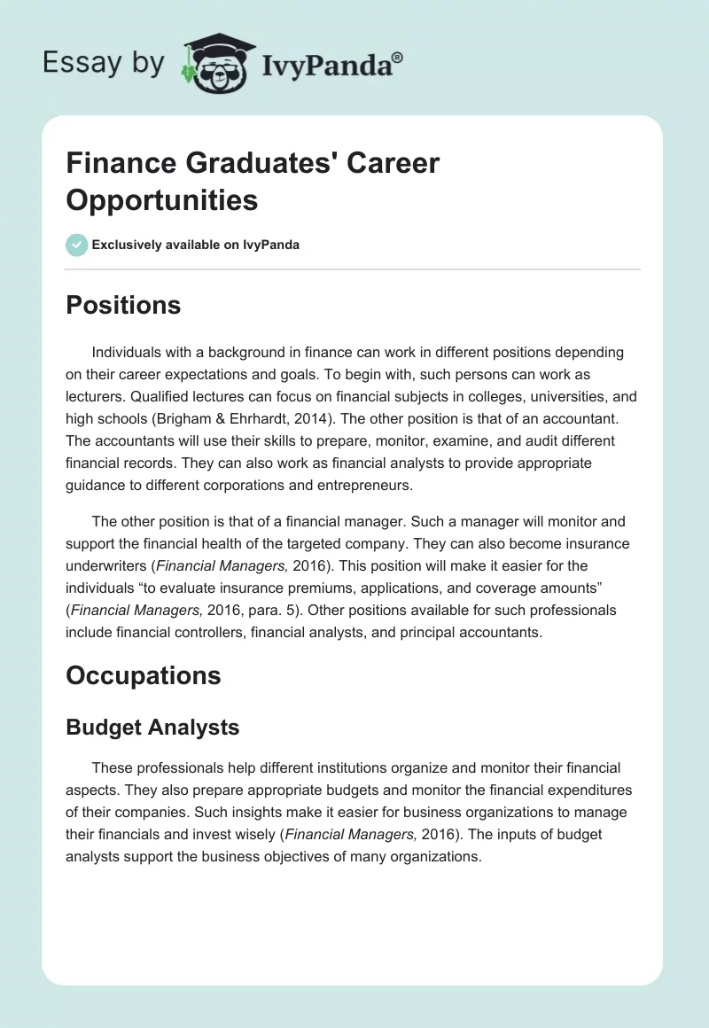 Finance Graduates' Career Opportunities. Page 1